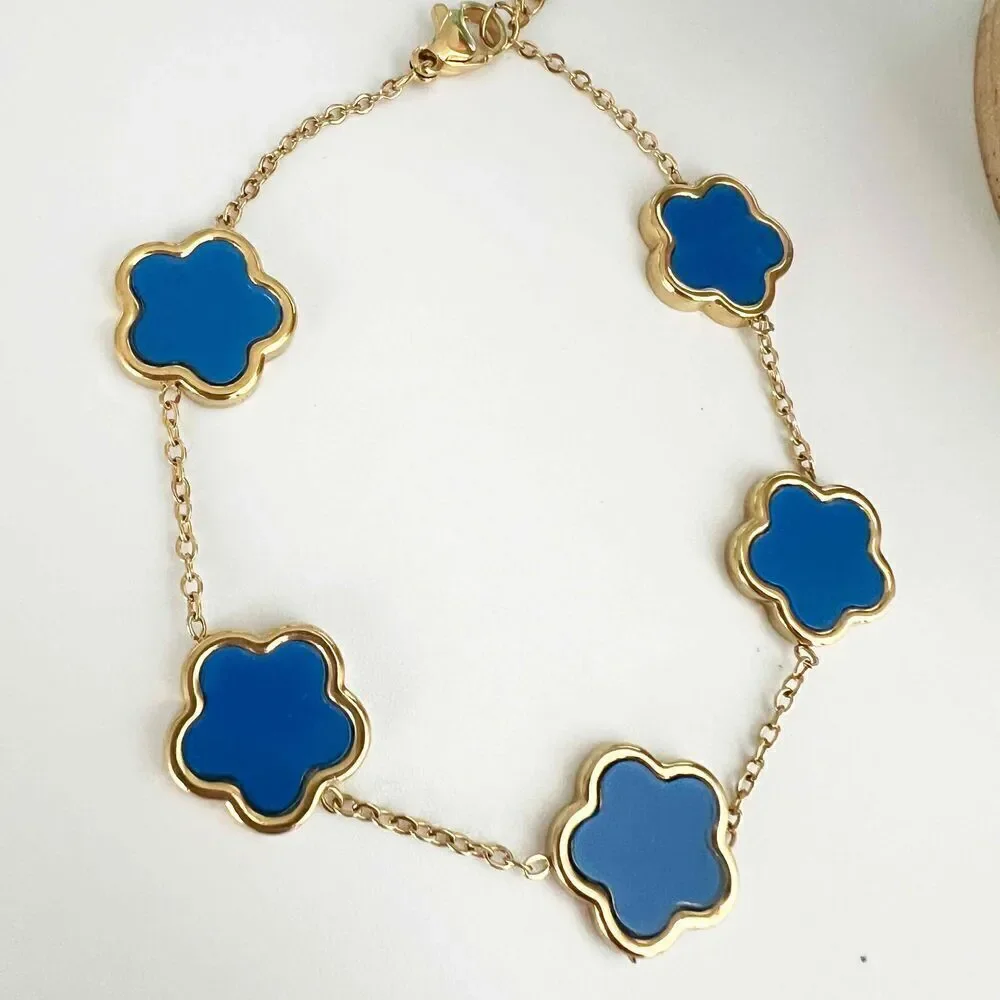 Gold Plated Blue Clover Necklace Flower Chain stainless steel womens jewelry